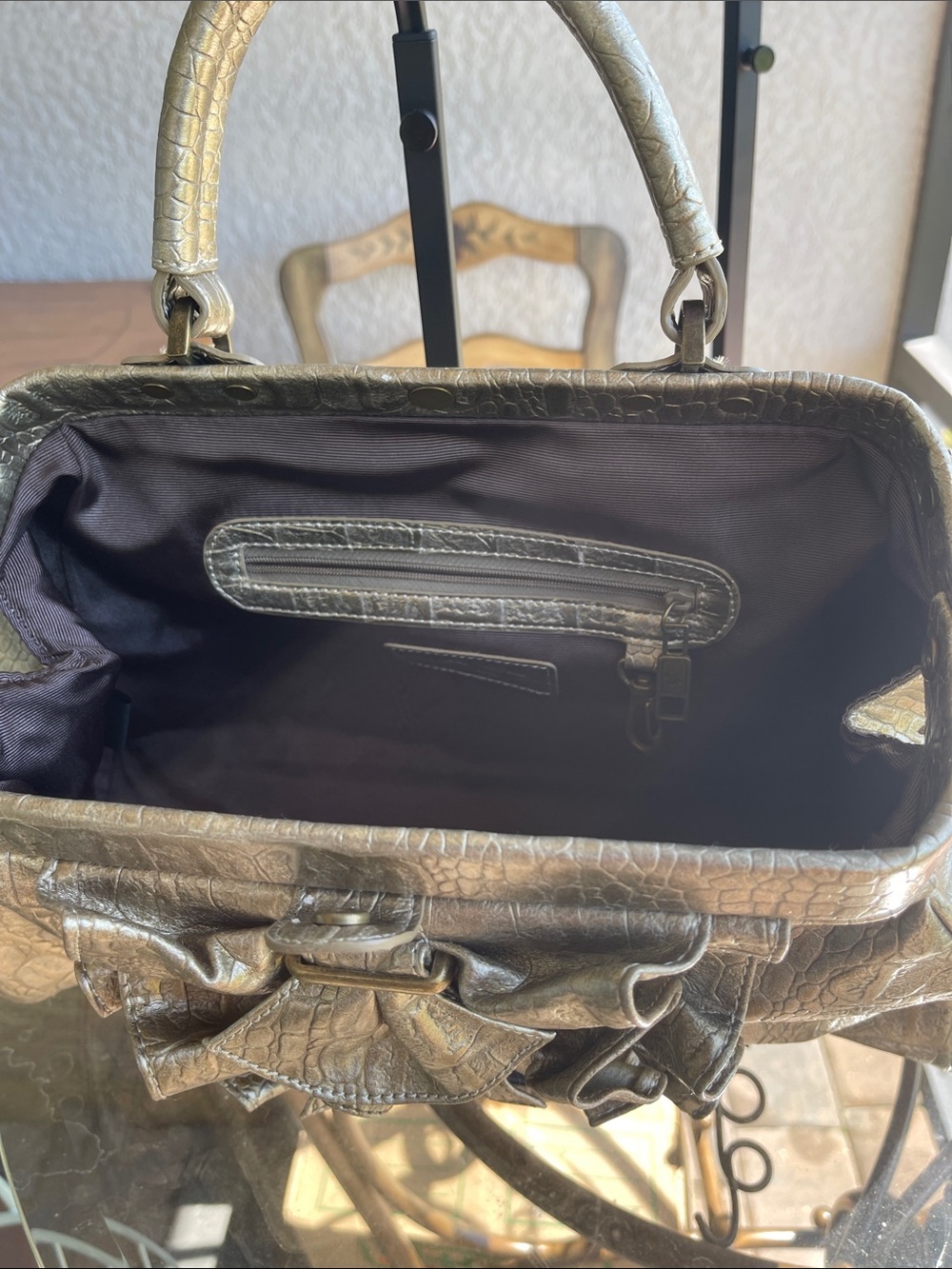 Metallic Gold Ruffle Satchel Handbag - Picture 3 of 3